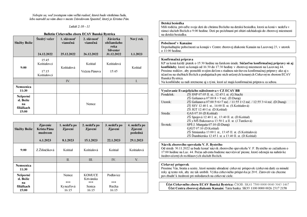 Bulletin na Vianočné sviatky a január 2023